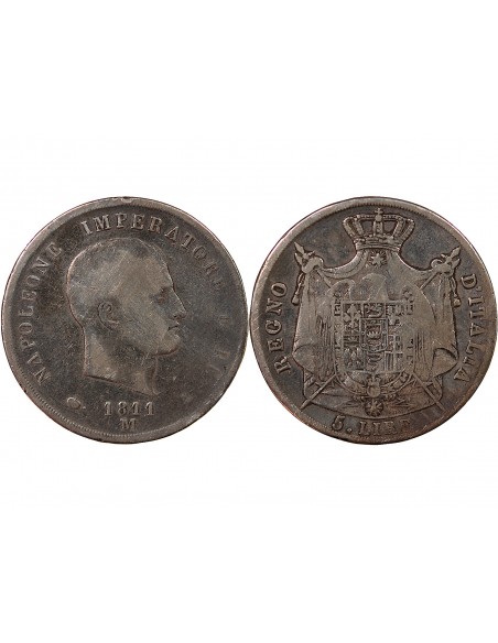 ITALIE, NAPOLEON Ier - 5 LIRE ARGENT 1811 M MILAN