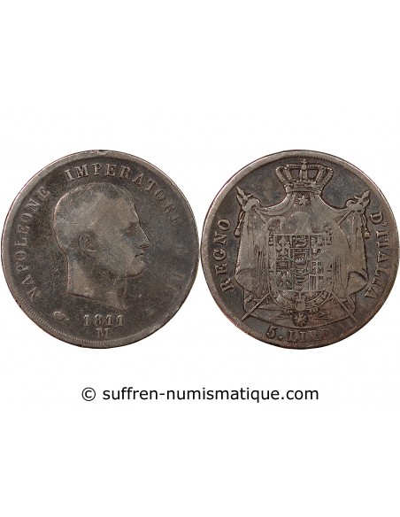 ITALIE, NAPOLEON Ier - 5 LIRE ARGENT 1811 M MILAN