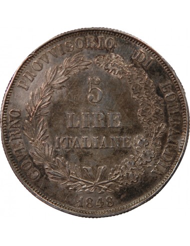 ROYAUME DE LOMBARDIE, GOUVERNEMENT PROVISOIRE - 5 LIRE ARGENT 1848 M MILAN
