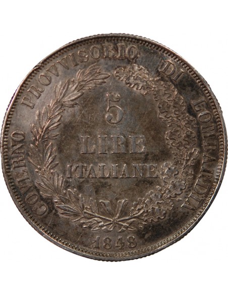 ROYAUME DE LOMBARDIE, GOUVERNEMENT PROVISOIRE - 5 LIRE ARGENT 1848 M MILAN