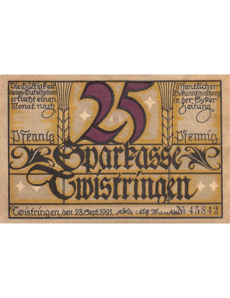 ALLEMAGNE, TWISTRINGEN - 25 PFENNIG 1921