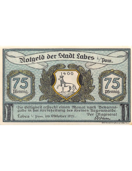 ALLEMAGNE, LABES - 75 PFENNIG 1921