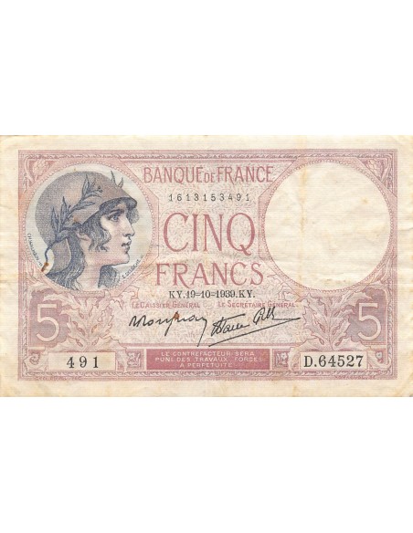 FRANCE - 5 FRANCS VIOLET 19/10/1939 SERIE D.64527