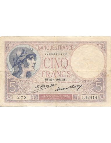 FRANCE - 5 FRANCS VIOLET 22/01/1931 SERIE J.43414