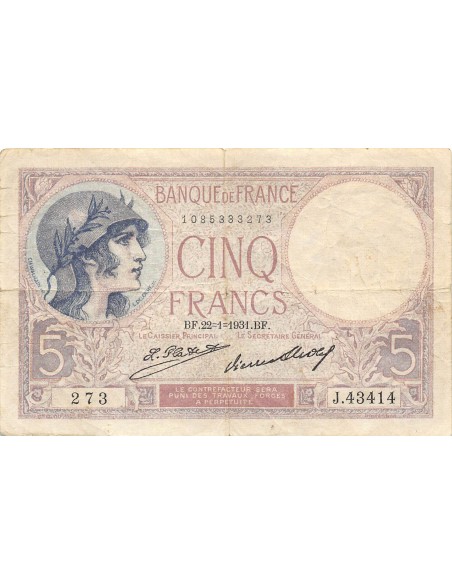 FRANCE - 5 FRANCS VIOLET 22/01/1931 SERIE J.43414