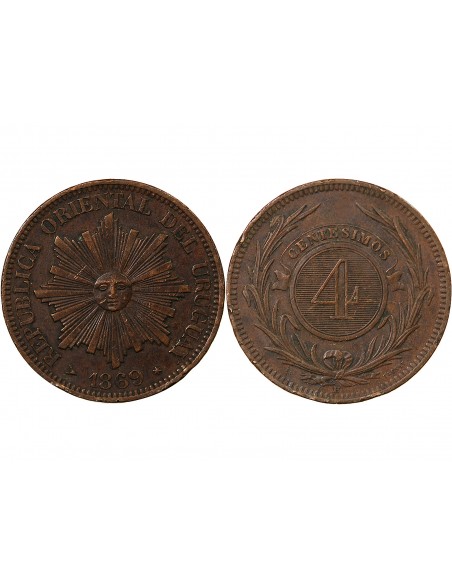 URUGUAY - 4 CENTESIMOS 1869 H HEATON