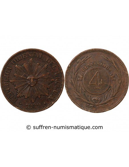 URUGUAY - 4 CENTESIMOS 1869 H HEATON