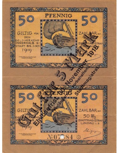 ALLEMAGNE, LINDAU - 2 x 50 PFENNIG 1918 - BON POUR 5 MARK