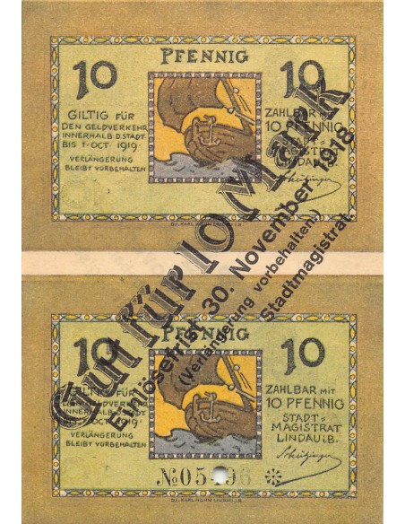 ALLEMAGNE, LINDAU - 2 x 10 PFENNIG 1918 - BON POUR 10 MARK