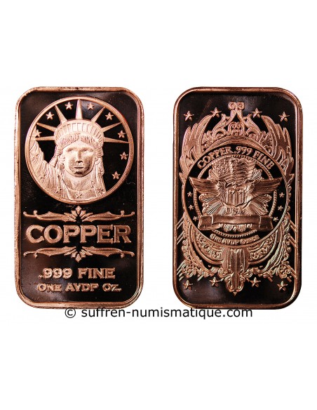 USA, LINGOT LIBERTY HEAD - 1 ONCE CUIVRE