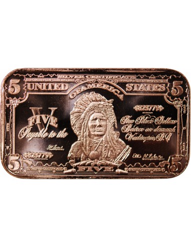 USA, LINGOT 5$ CHEF INDIEN - 1 ONCE CUIVRE