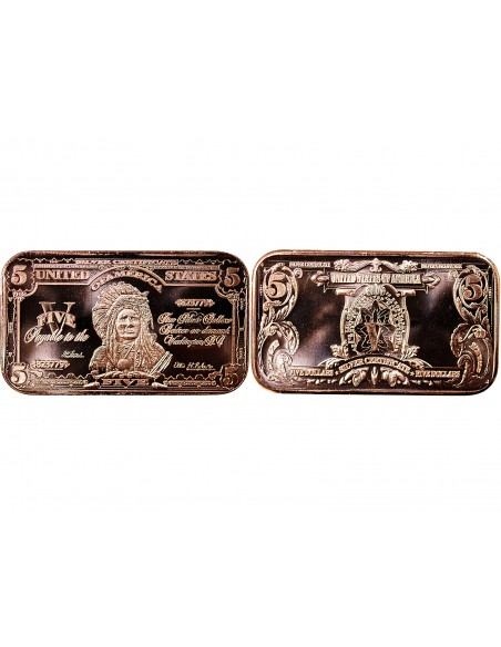 USA, LINGOT 5$ CHEF INDIEN - 1 ONCE CUIVRE