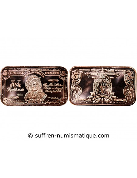 USA, LINGOT 5$ CHEF INDIEN - 1 ONCE CUIVRE