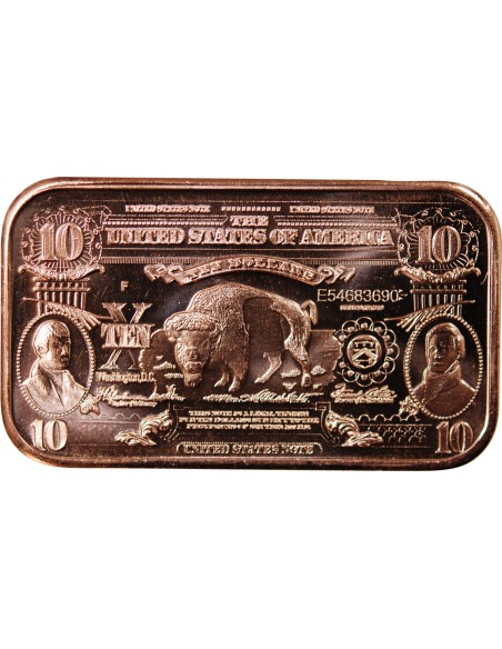 USA, LINGOT 10$ BISON - 1 ONCE CUIVRE