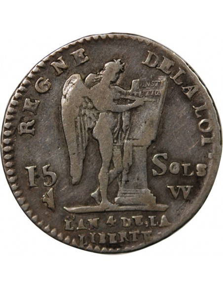LOUIS XVI, CONSTITUTION - 15 SOLS  ARGENT 1792 W LILLE
