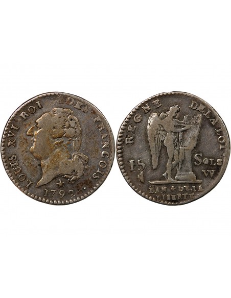 LOUIS XVI, CONSTITUTION - 15 SOLS  ARGENT 1792 W LILLE