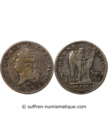 LOUIS XVI, CONSTITUTION - 15 SOLS  ARGENT 1792 W LILLE
