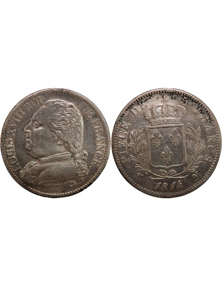 LOUIS XVIII - 5 FRANCS ARGENT 1814 M TOULOUSE