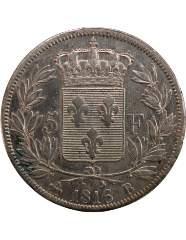 LOUIS XVIII - 5 FRANCS ARGENT 1816 B ROUEN