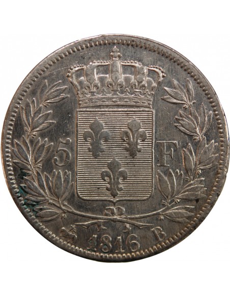LOUIS XVIII - 5 FRANCS ARGENT 1816 B ROUEN