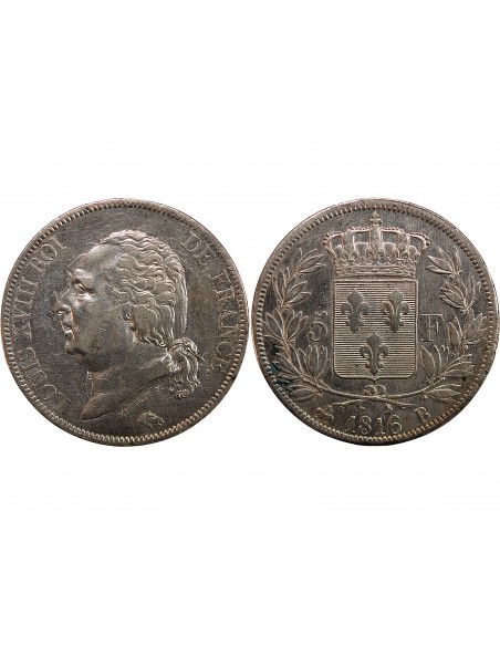 LOUIS XVIII - 5 FRANCS ARGENT 1816 B ROUEN