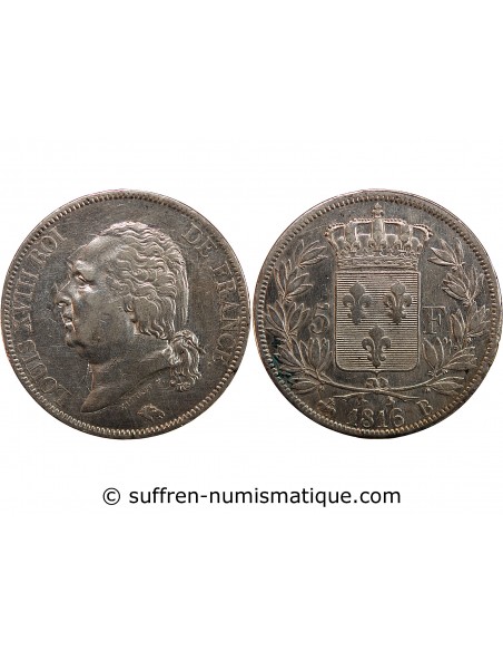 LOUIS XVIII - 5 FRANCS ARGENT 1816 B ROUEN