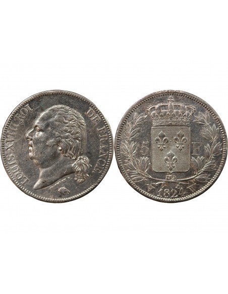 LOUIS XVIII - 5 FRANCS ARGENT 1824 W LILLE