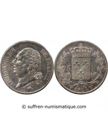 LOUIS XVIII - 5 FRANCS ARGENT 1824 W LILLE