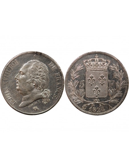 LOUIS XVIII - 5 FRANCS ARGENT 1824 A PARIS
