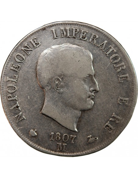 ITALIE, NAPOLEON Ier - 5 LIRE ARGENT 1807 M MILAN