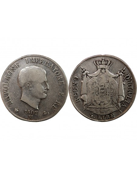 ITALIE, NAPOLEON Ier - 5 LIRE ARGENT 1807 M MILAN