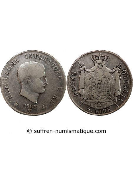 ITALIE, NAPOLEON Ier - 5 LIRE ARGENT 1807 M MILAN