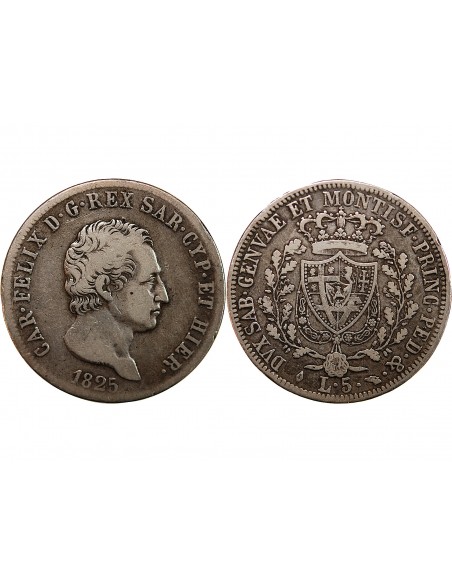 ITALIE, ROYAUME DE SARDAIGNE, CHARLES-FELIX - 5 LIRE ARGENT 1825 L