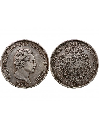ITALIE, ROYAUME DE SARDAIGNE, CHARLES-FELIX - 5 LIRE ARGENT 1829 P