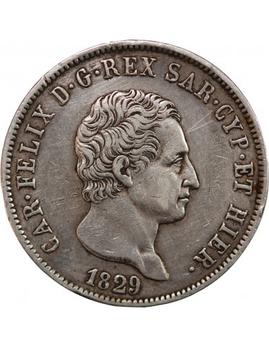 ITALIE, ROYAUME DE SARDAIGNE, CHARLES-FELIX - 5 LIRE ARGENT 1829 P