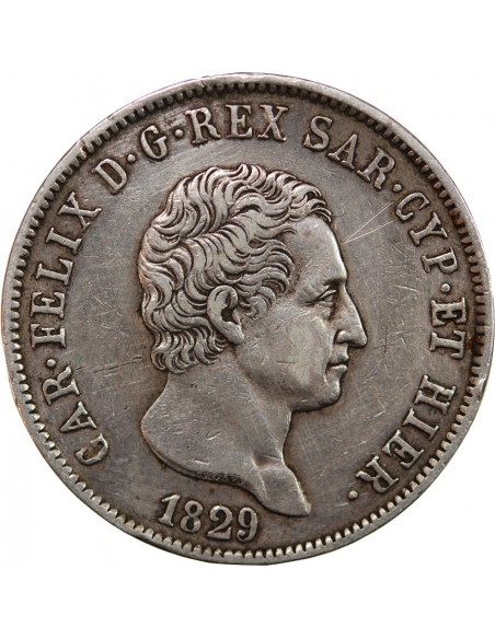 ITALIE, ROYAUME DE SARDAIGNE, CHARLES-FELIX - 5 LIRE ARGENT 1829 P