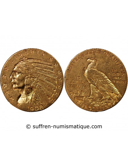 USA, INDIEN - 5 DOLLARS OR 1910 PHILADELPHIE