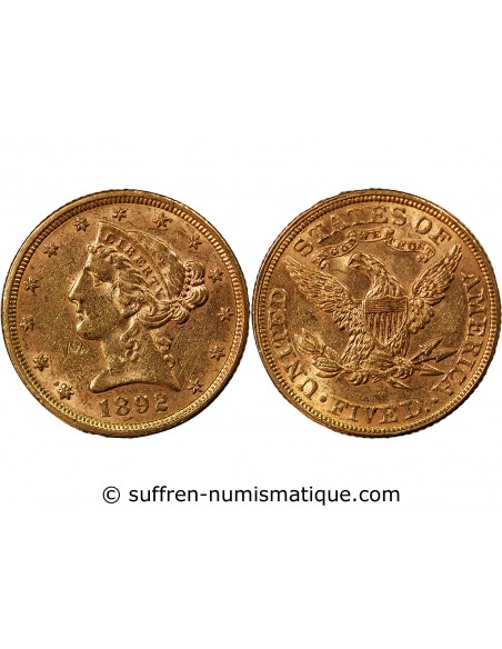 USA, LIBERTY - 5 DOLLARS OR 1892 PHILADELPHIE