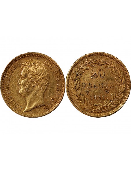 LOUIS PHILIPPE﻿ Ier - 20 FRANCS OR 1831 W LILLE "Tête Nue Tranche en Relief"﻿