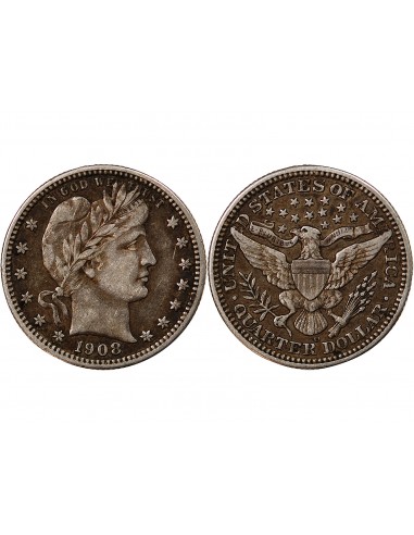 USA - 25 CENTS ARGENT "Barber Quarter" 1908 DENVER