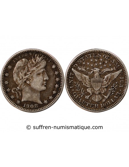 USA - 25 CENTS ARGENT "Barber Quarter" 1908 DENVER