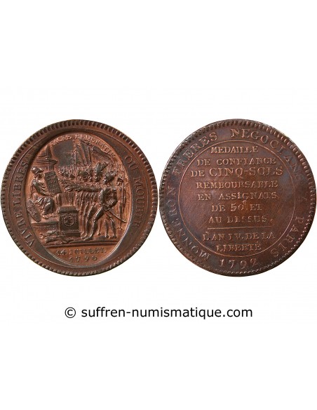 MONNAIE DE CONFIANCE - MONNERON 5 SOLS AU SERMENT 1792 L'AN IV
