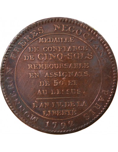 MONNAIE DE CONFIANCE - MONNERON 5 SOLS AU SERMENT 1792 L'AN IV