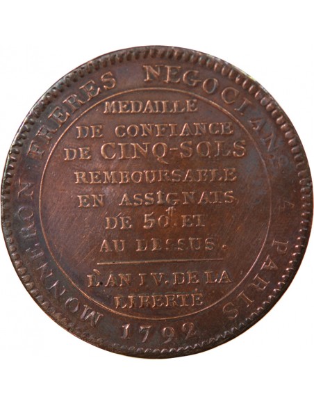 MONNAIE DE CONFIANCE - MONNERON 5 SOLS AU SERMENT 1792 L'AN IV