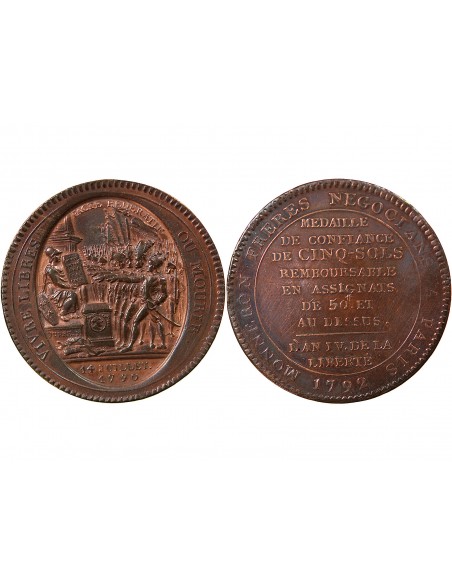 MONNAIE DE CONFIANCE - MONNERON 5 SOLS AU SERMENT 1792 L'AN IV
