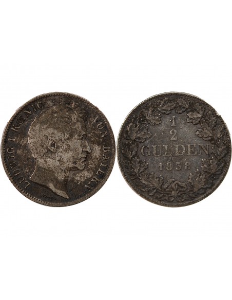 ALLEMAGNE, BAVIÈRE, LUDWIG I - 1/2 GULDEN ARGENT 1838
