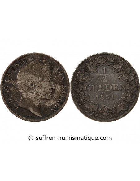 ALLEMAGNE, BAVIÈRE, LUDWIG I - 1/2 GULDEN ARGENT 1838