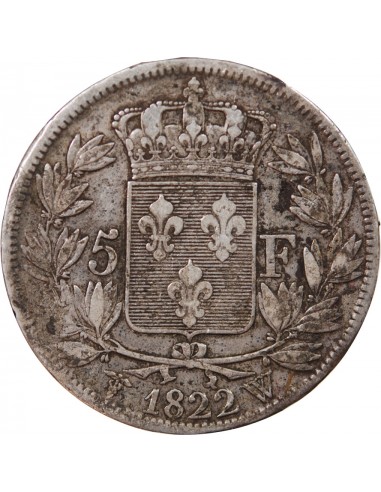 LOUIS XVIII - 5 FRANCS ARGENT 1822 W LILLE