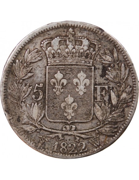 LOUIS XVIII - 5 FRANCS ARGENT 1822 W LILLE