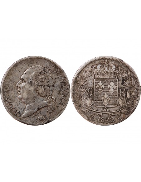 LOUIS XVIII - 5 FRANCS ARGENT 1822 W LILLE